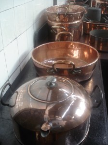 Copper kettles and pans in the kitchen